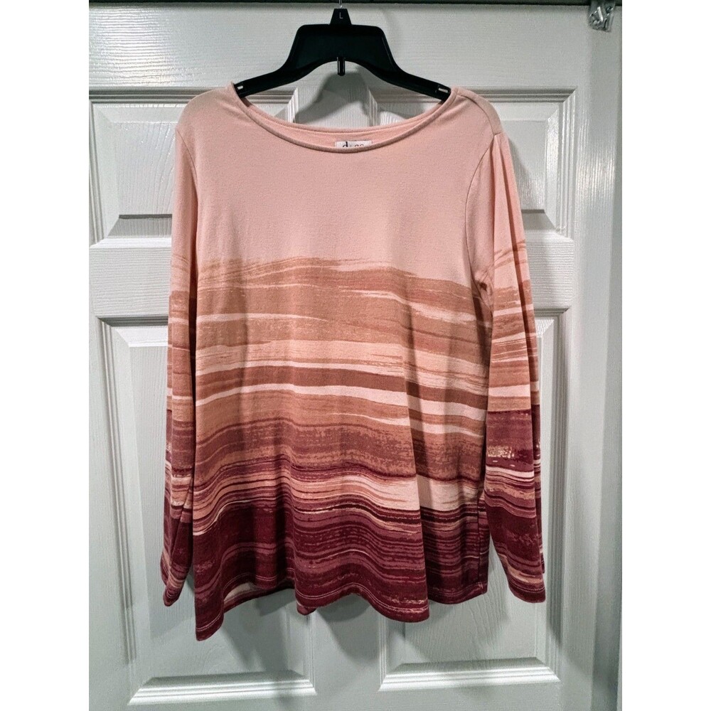 Denim & Co Ombre Striped Top Large L Pink Terracotta Burgundy Long Sleeve Tunic